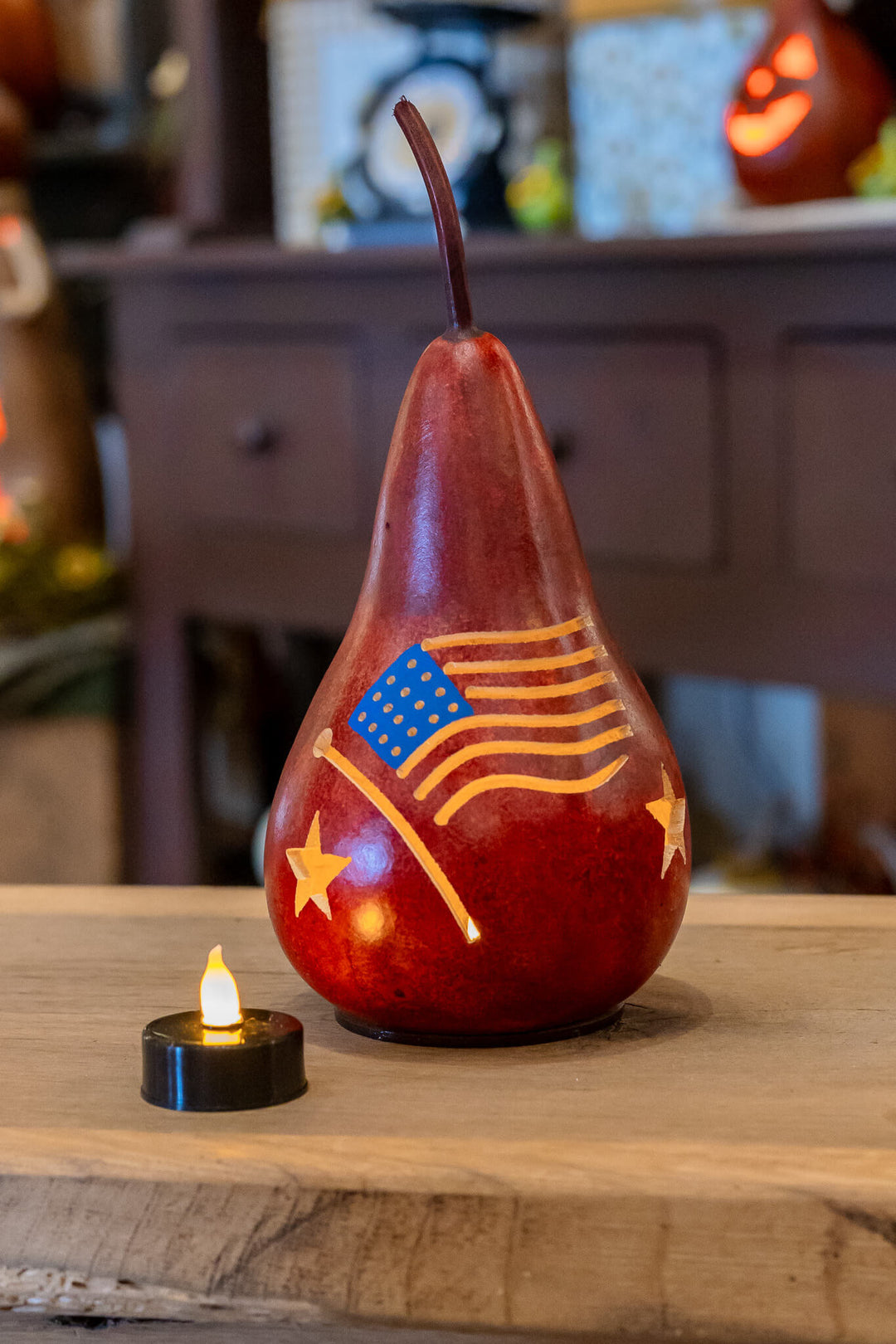 Battery Operated  Black Tea Light with Miniature Flag Gourd