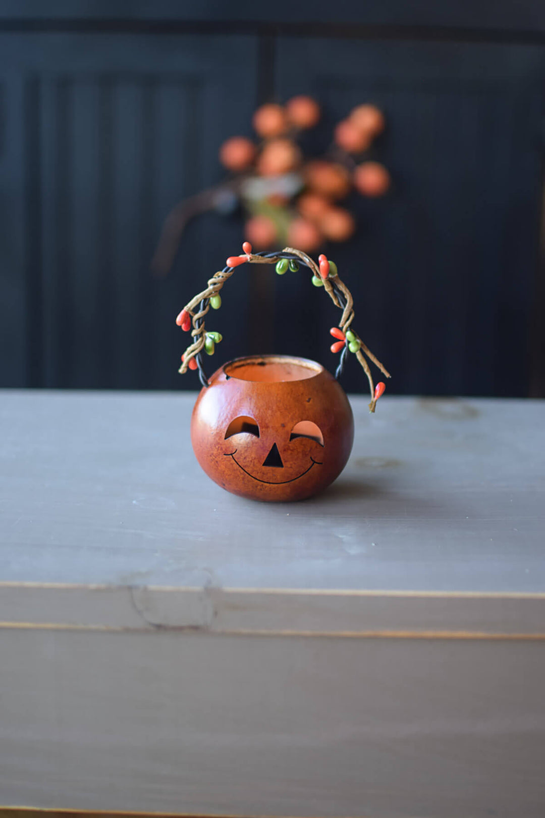 Orange Jace the Jack-o-lantern basket gourd at Meadowbrooke Gourds.