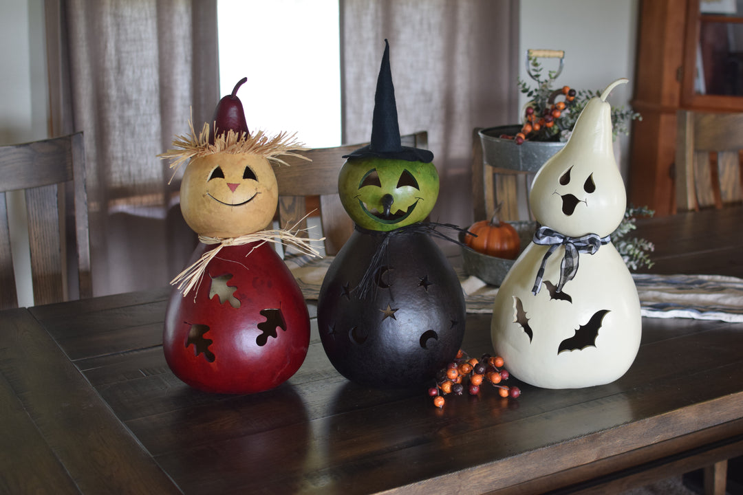 Scarecro, Witch and Ghost gourd at Meadowbrooke Gourds