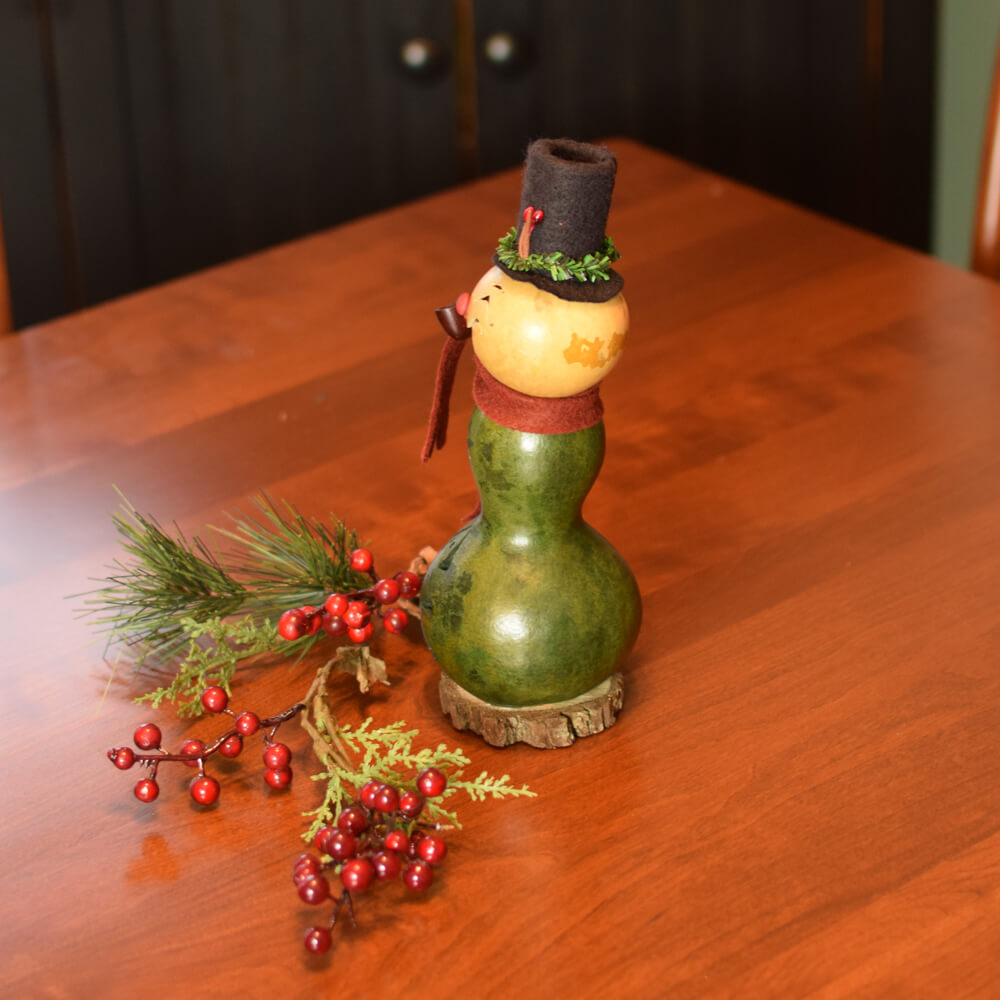 Miniature Pinewood Snowman Gourd from Meadowbrooke Gourds.  Left Side View