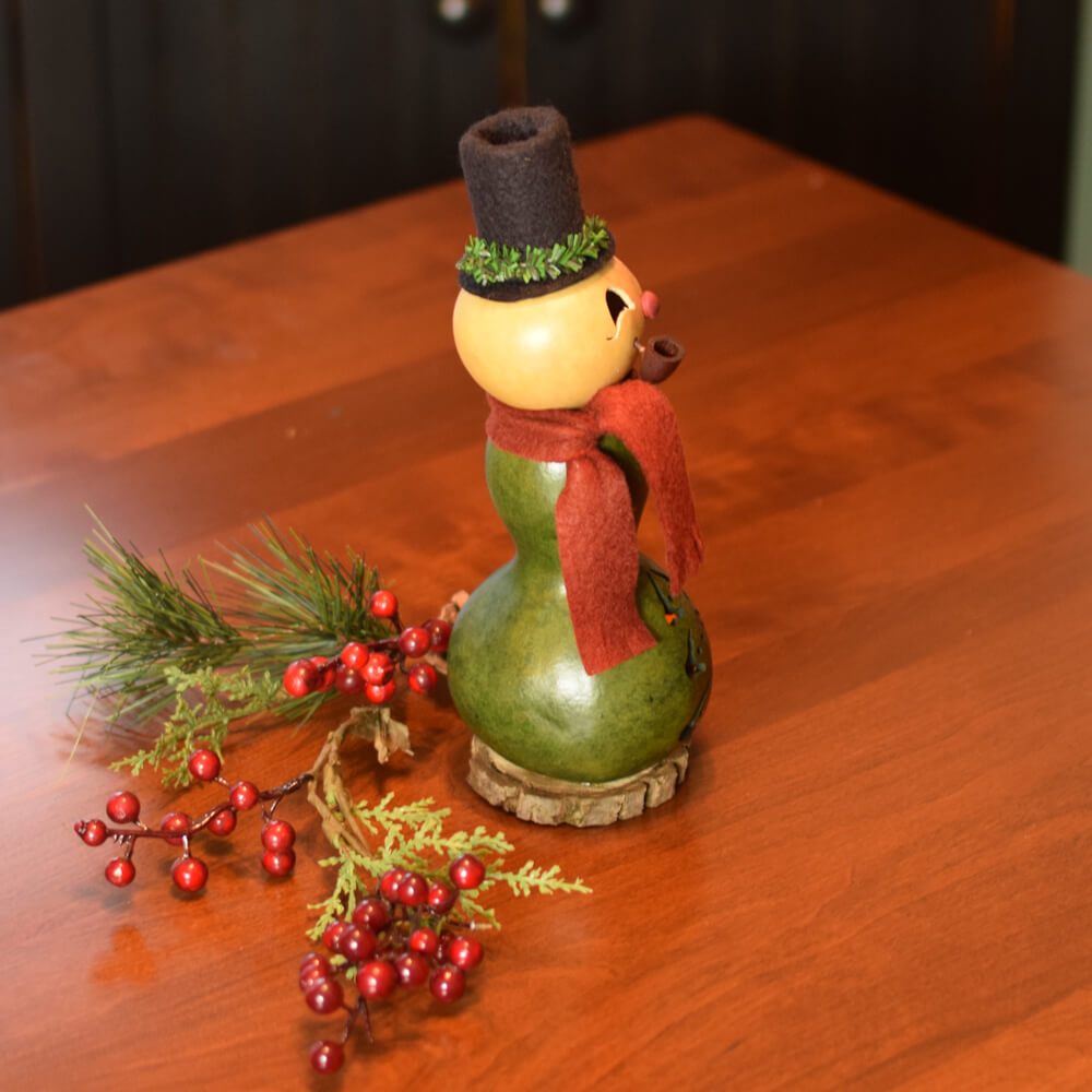 Miniature Pinewood Snowman Gourd from Meadowbrooke Gourds.  Right Side View