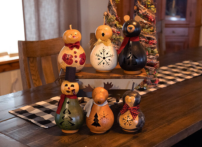 Winter Create Your Own Medium Gourd Samples at Meadowbrooke Gourds. Gingerbread Man, Angel, Bear, Snowman, Moose and Penguin. 