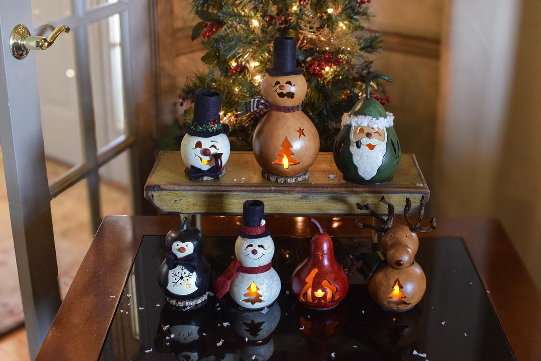 Winter themed miniature gourd designs by Meadowbrooke Gourds