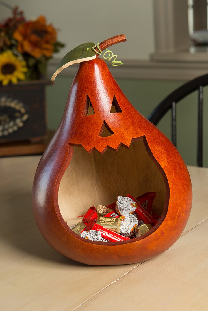 Jack o lantern candy dish gourd at Meadowbrooke Gourds